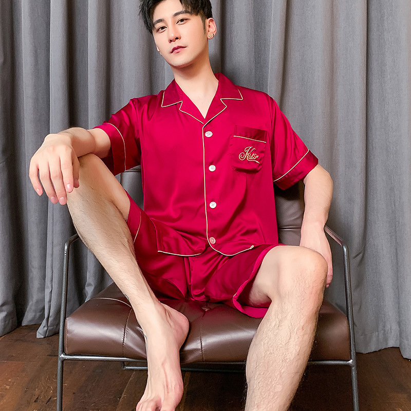 カップルペアルック サテン調パジャマ（男性ハーフパンツ・女性スリップドレス） ワインレッド メンズ