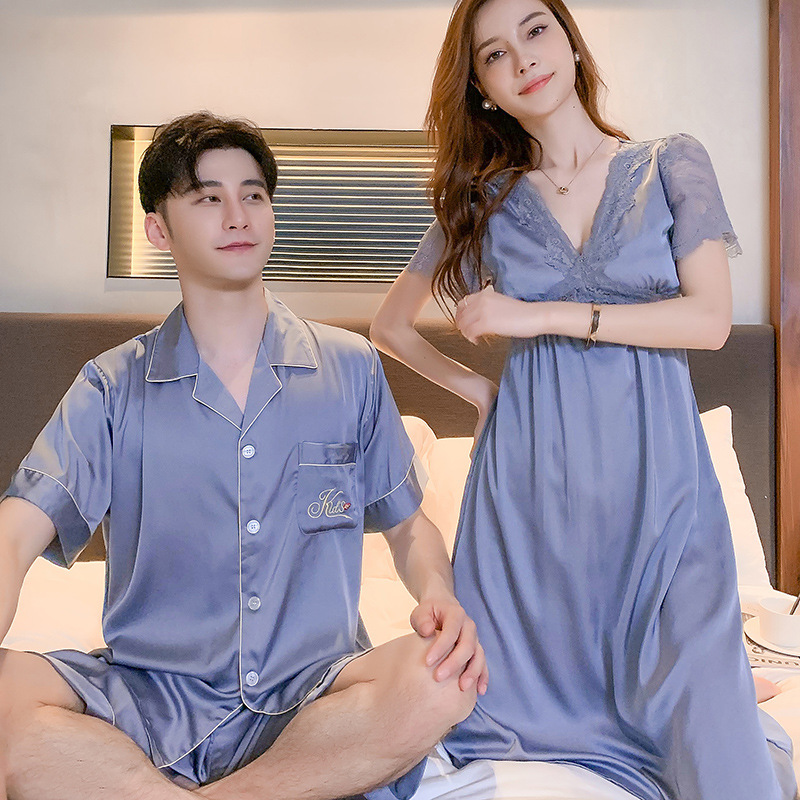 カップルペアルック サテン調パジャマ（男性ハーフパンツ・女性スリップドレス）