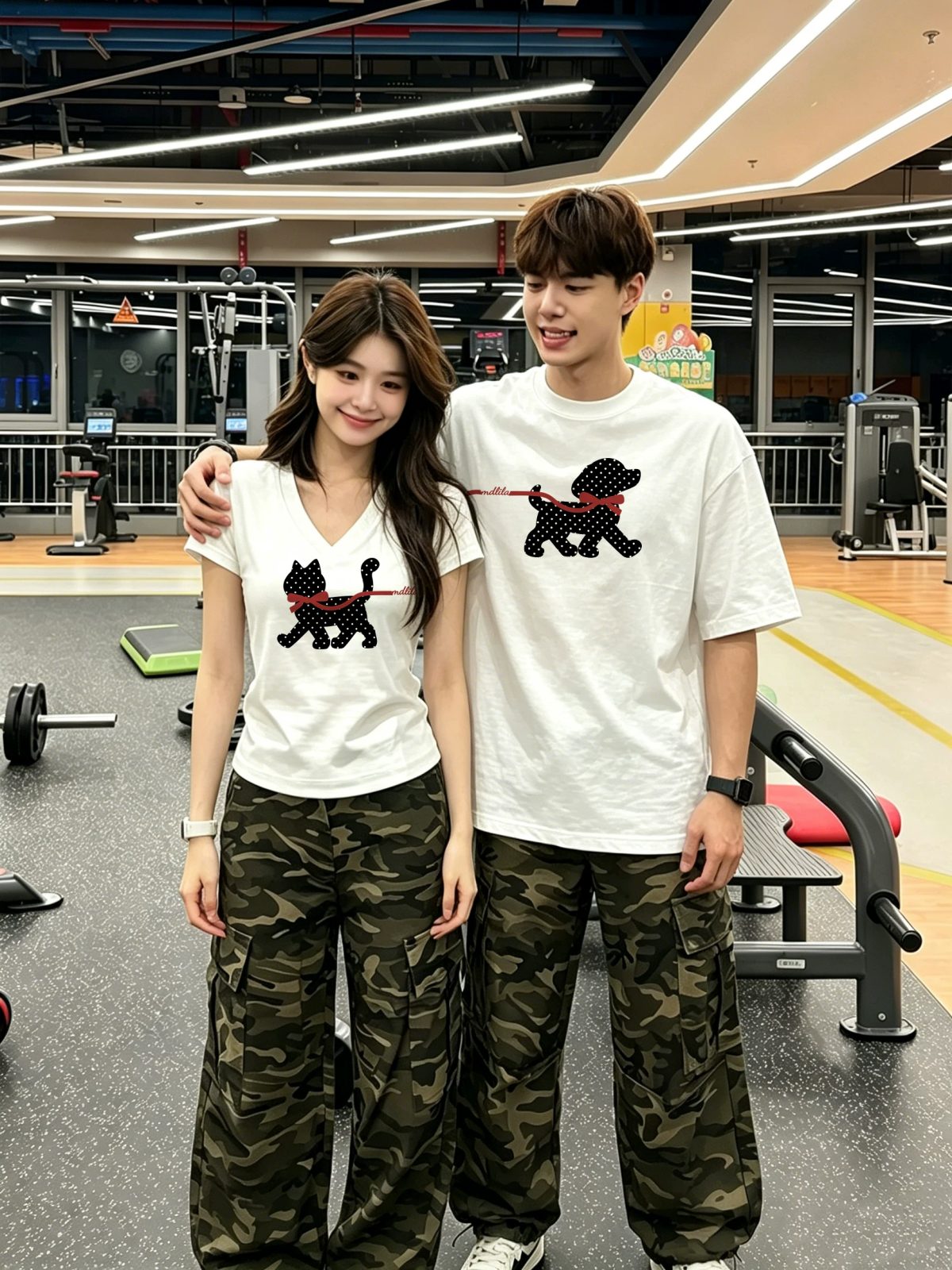 【2点セット】カップルペアルック ドットアニマル お散歩Tシャツ