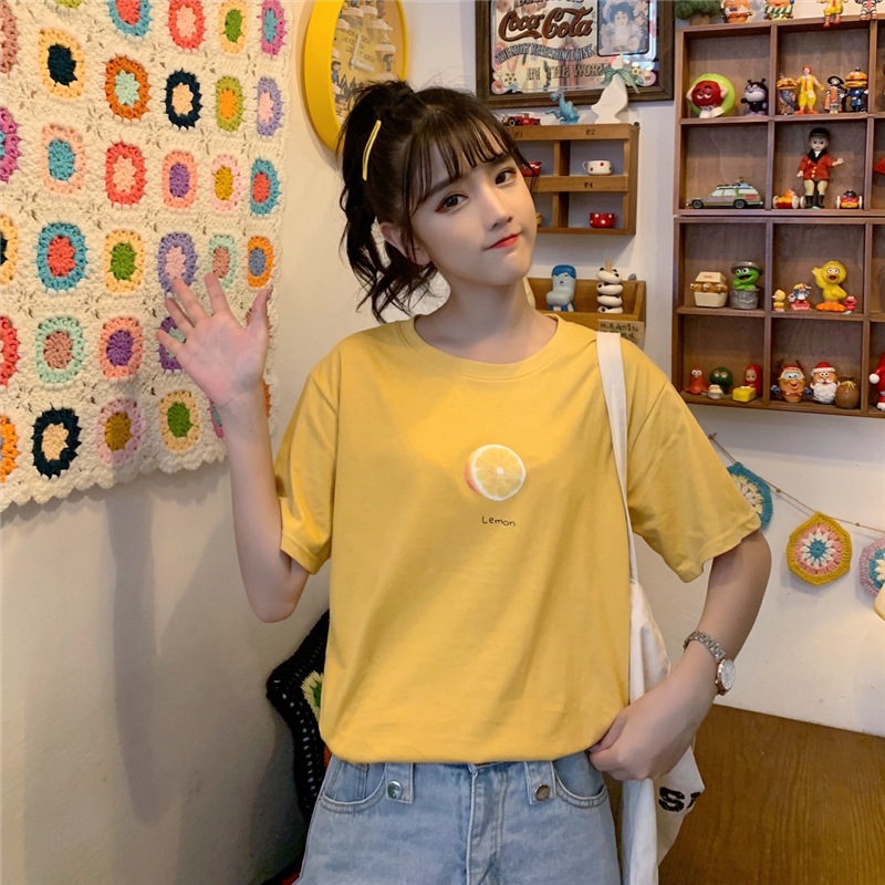 ペアルック フルーツプリント半袖Tシャツ イエロー