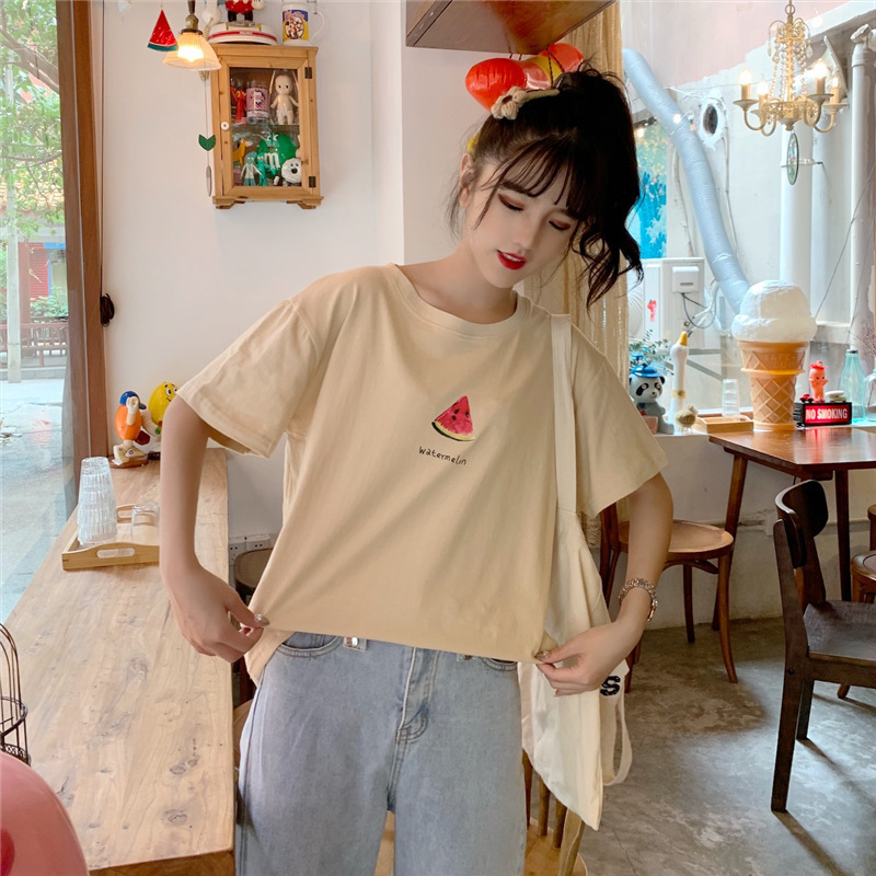 ペアルック フルーツプリント半袖Tシャツ アプリコットベージュ