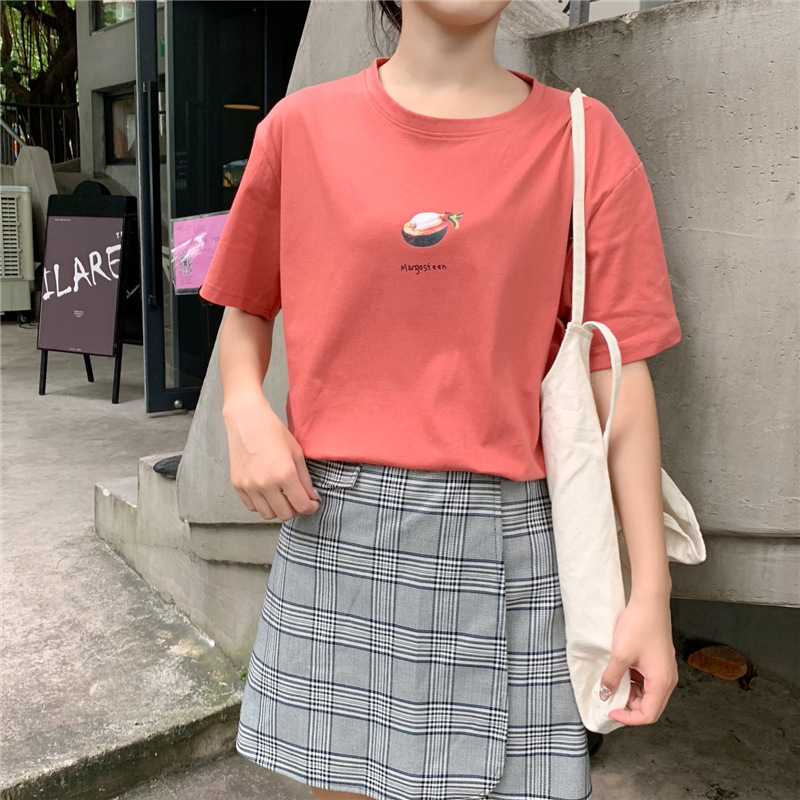 ペアルック フルーツプリント半袖Tシャツ コーラルレッド