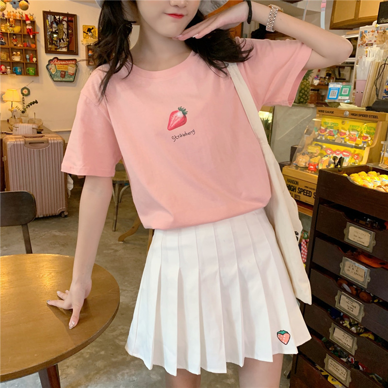 ペアルック フルーツプリント半袖Tシャツ ストロベリーピンク