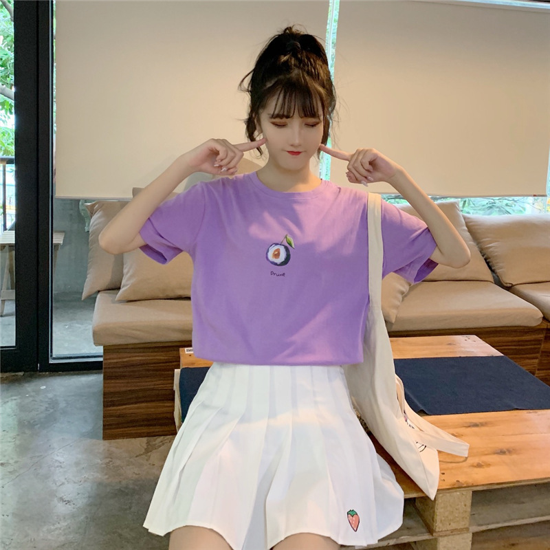 ペアルック フルーツプリント半袖Tシャツ パープル
