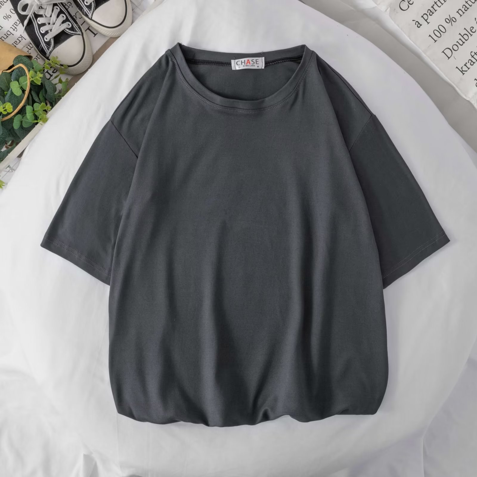 ペアルック ソックス付き カラフルビッグTシャツ チャコールグレー