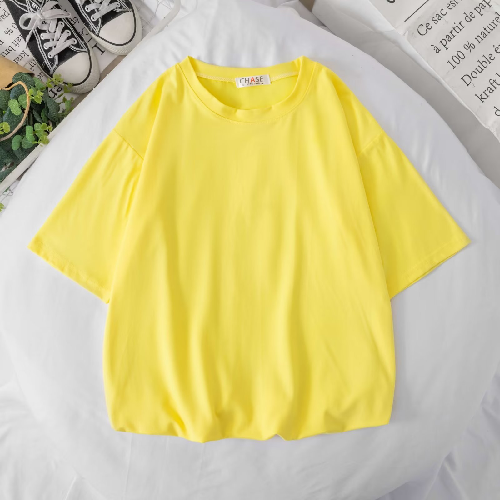 ペアルック ソックス付き カラフルビッグTシャツ レモンイエロー