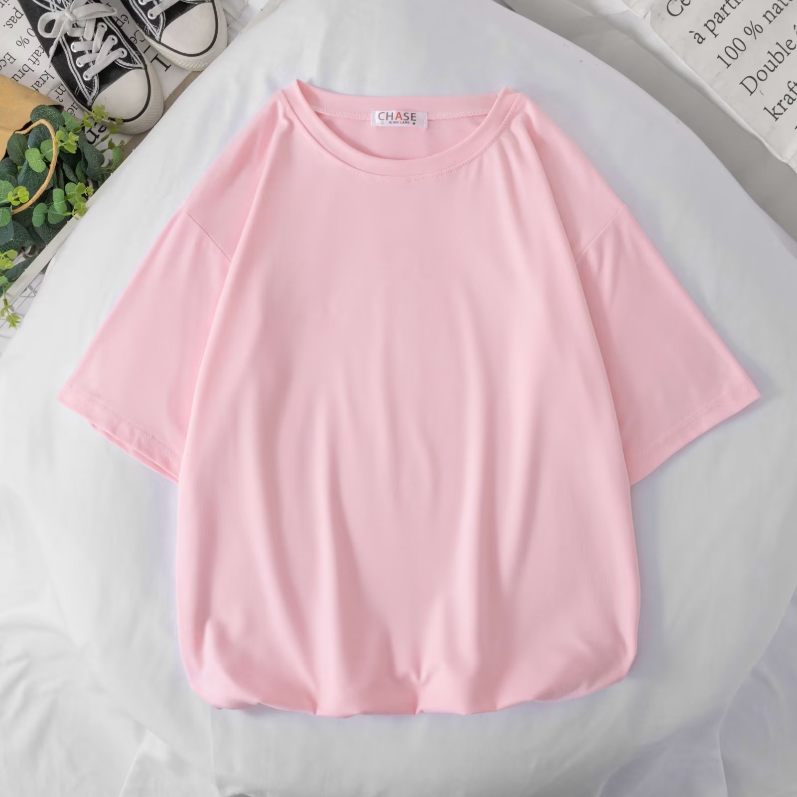 ペアルック ソックス付き カラフルビッグTシャツ ライトピンク