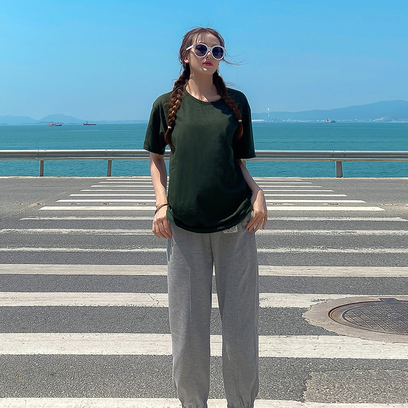 ペアルック ソックス付き カラフルビッグTシャツ ダークグリーン