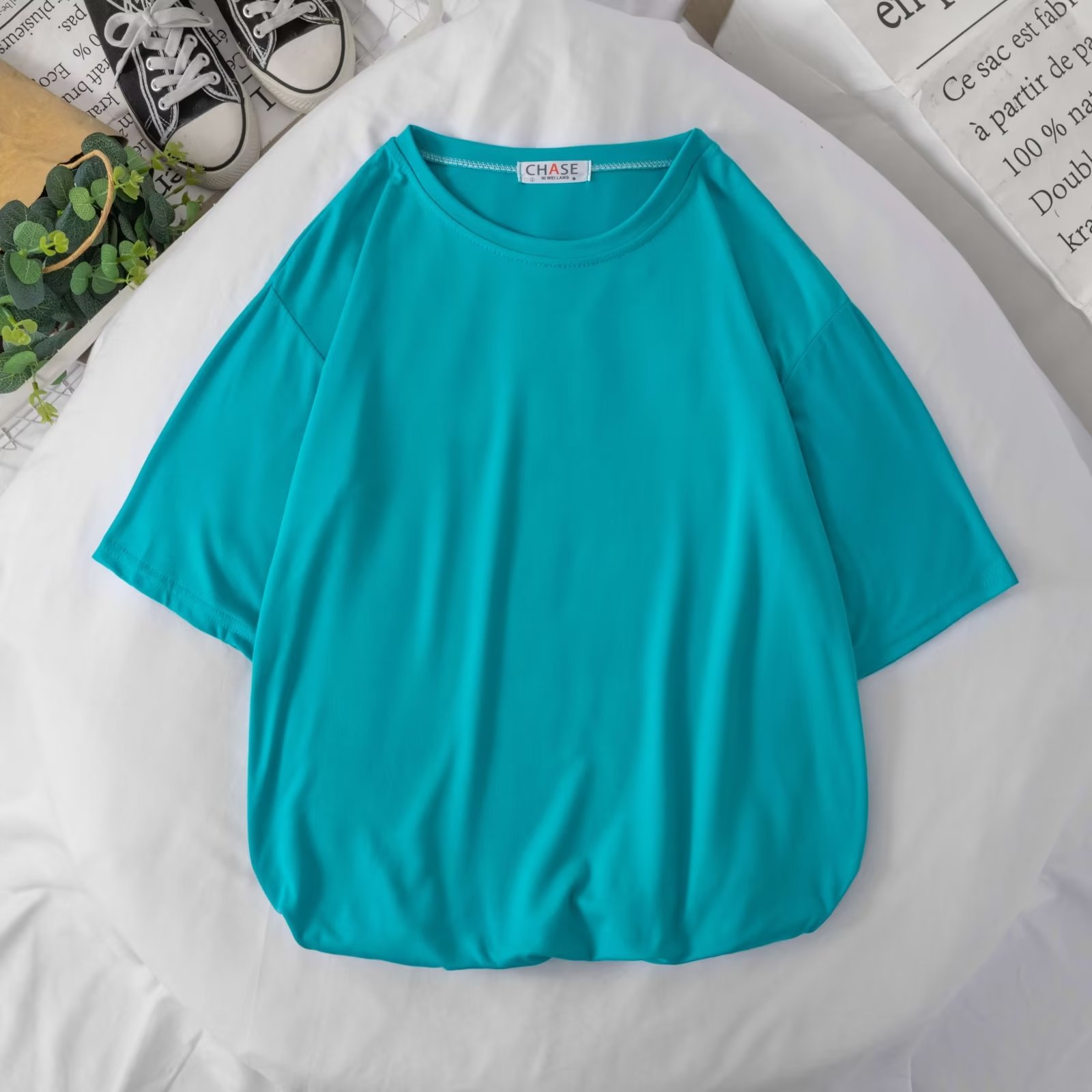 ペアルック ソックス付き カラフルビッグTシャツ ターコイズブルー