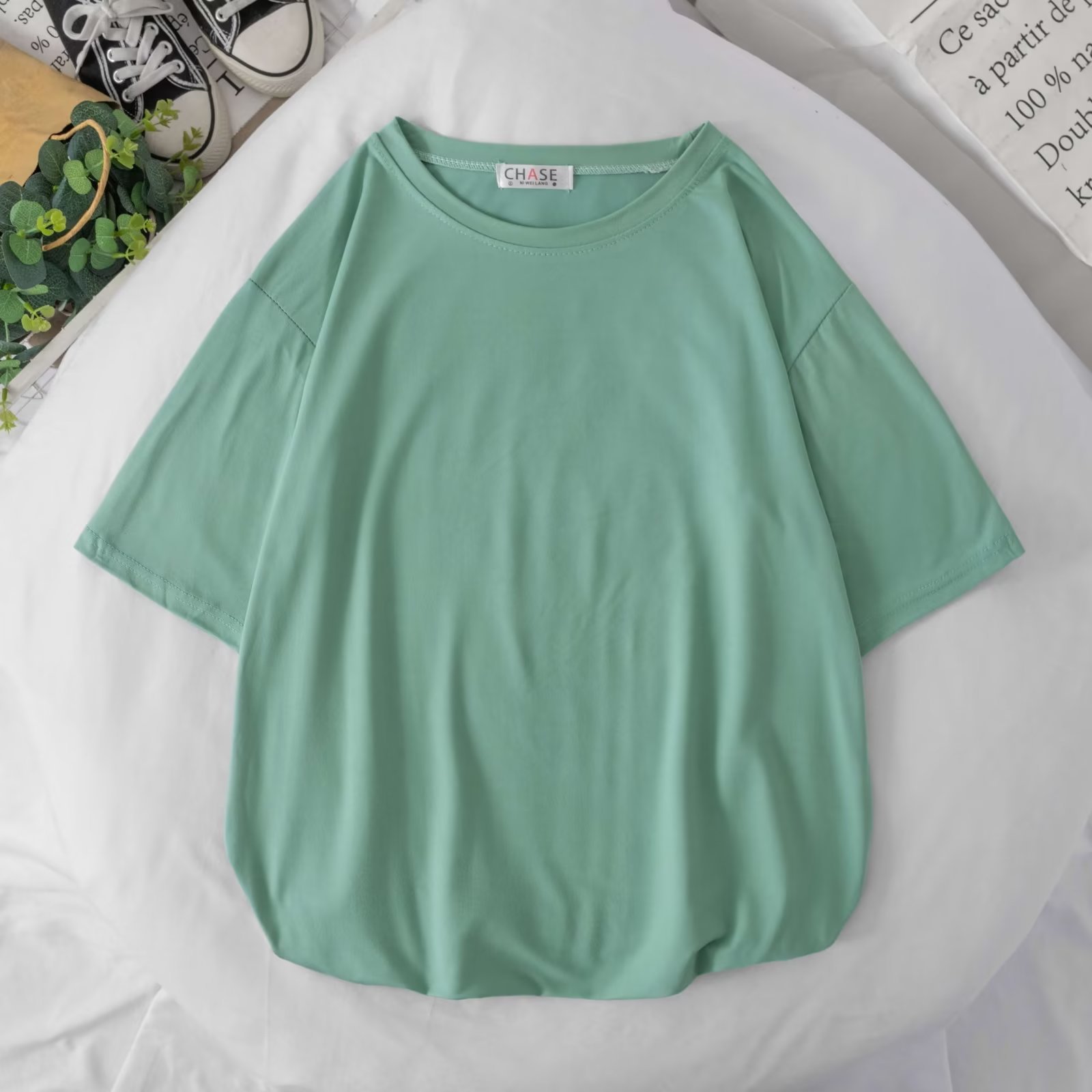 ペアルック ソックス付き カラフルビッグTシャツ セージグリーン