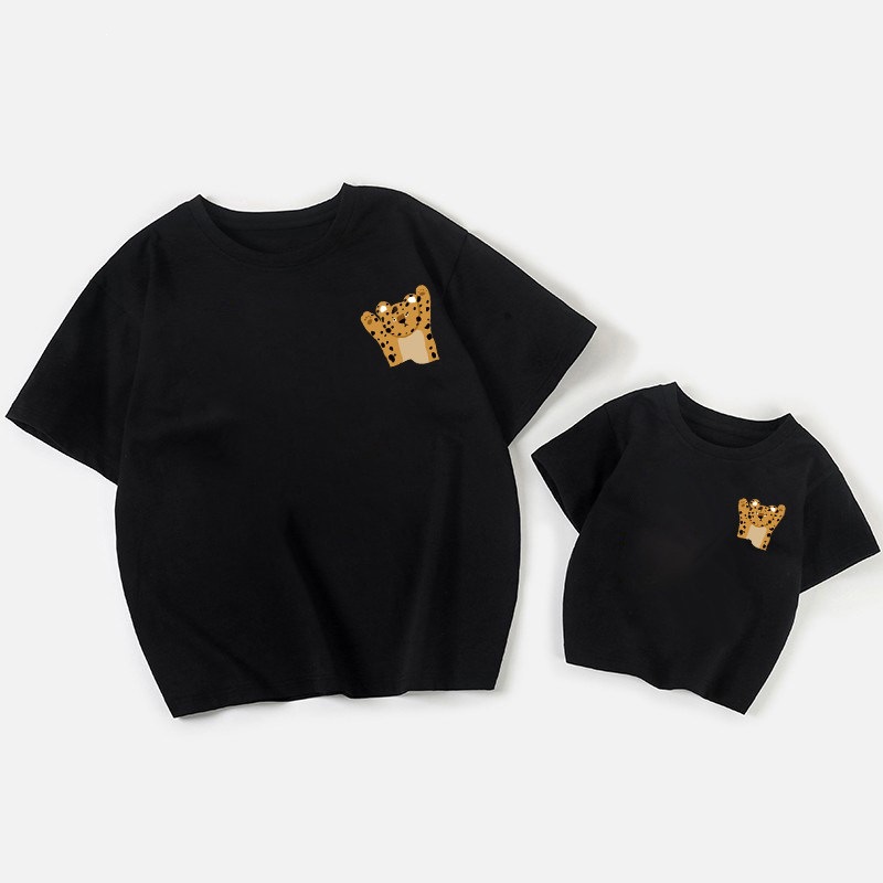 親子ペアルック レオパードワンポイントTシャツ・ロンパース
