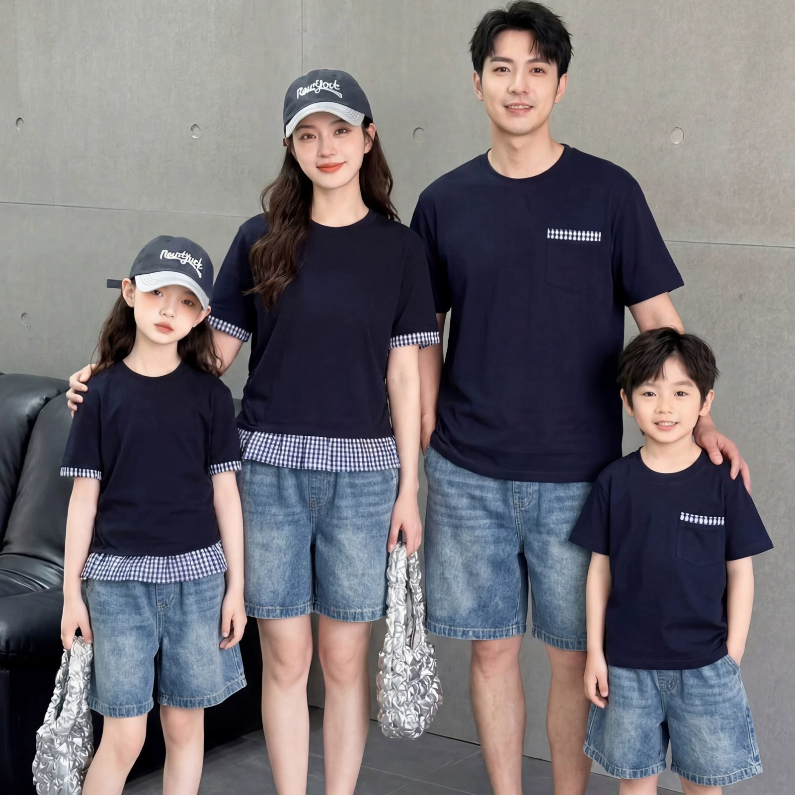 親子ペアルック ネイビー×ギンガムチェック リンクTシャツ