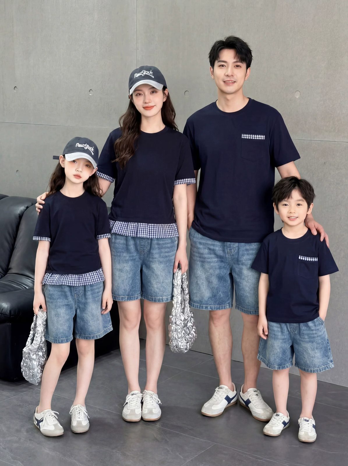 親子ペアルック ネイビー×ギンガムチェック リンクTシャツ