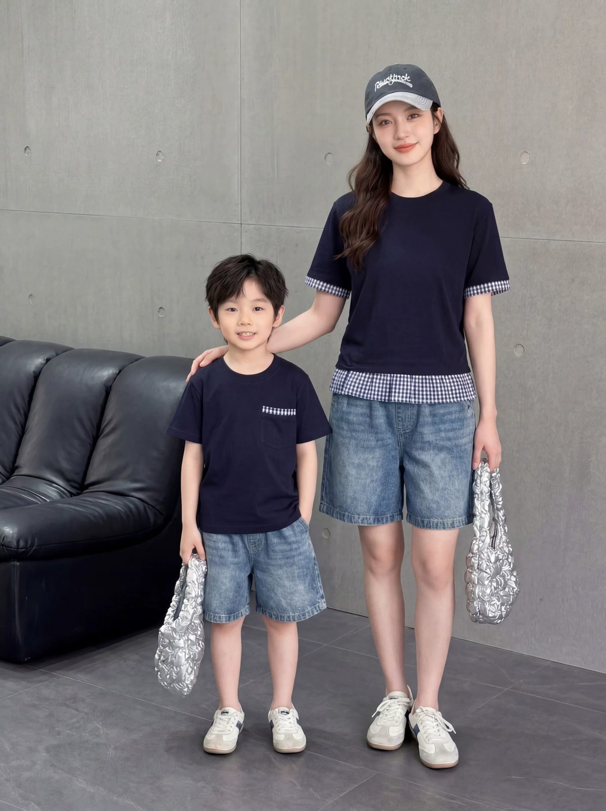 親子ペアルック ネイビー×ギンガムチェック リンクTシャツ