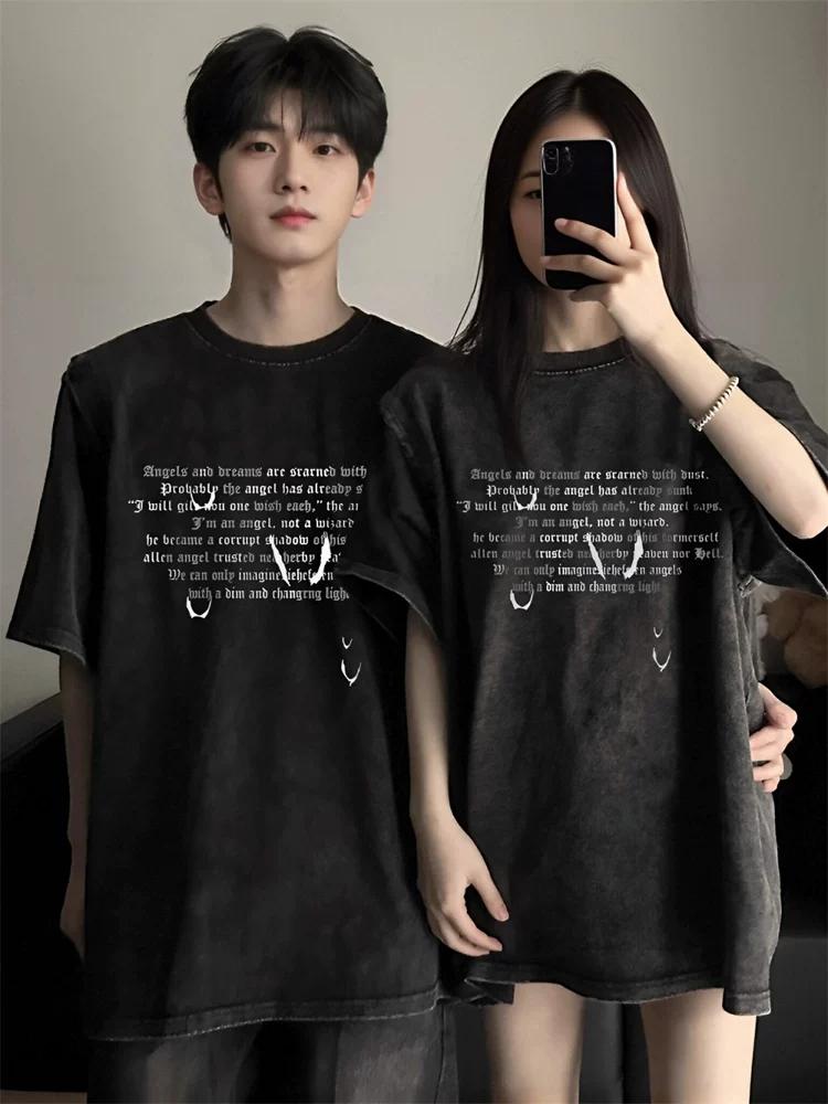 【2点セット】カップルペアルック 英字デザイン ヴィンテージ風Tシャツ