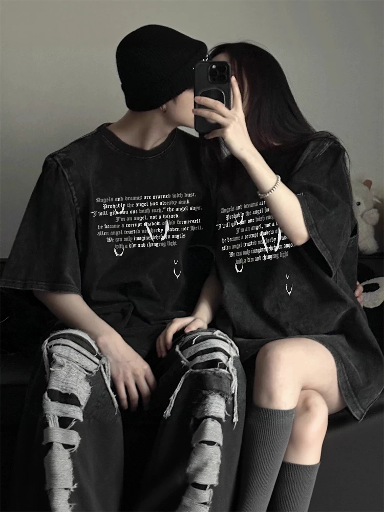 【2点セット】カップルペアルック 英字デザイン ヴィンテージ風Tシャツ