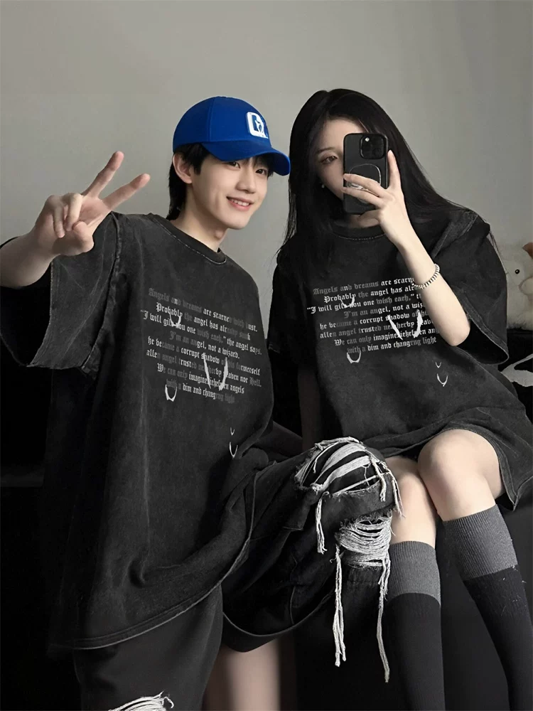 【2点セット】カップルペアルック 英字デザイン ヴィンテージ風Tシャツ