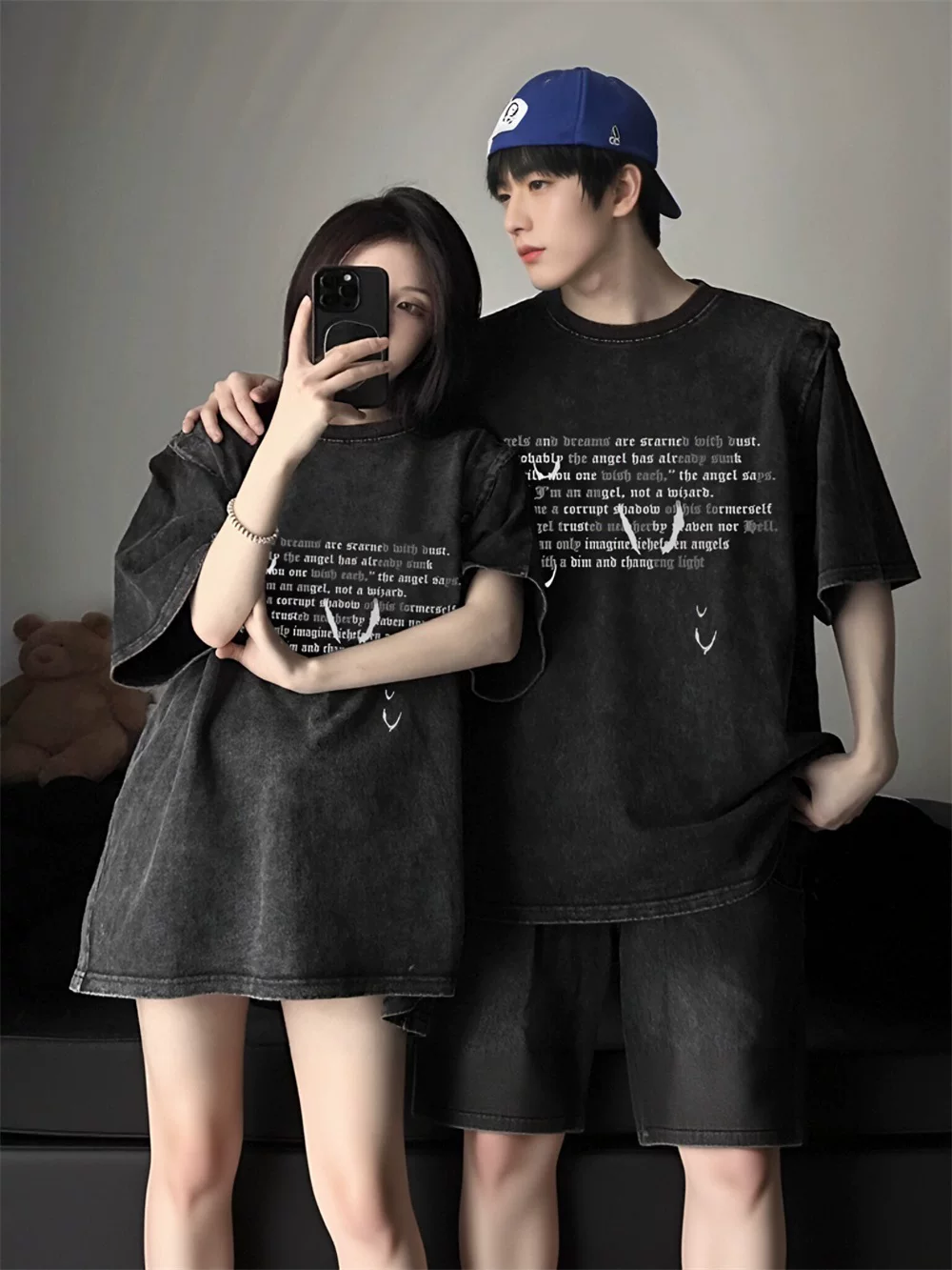 【2点セット】カップルペアルック 英字デザイン ヴィンテージ風Tシャツ
