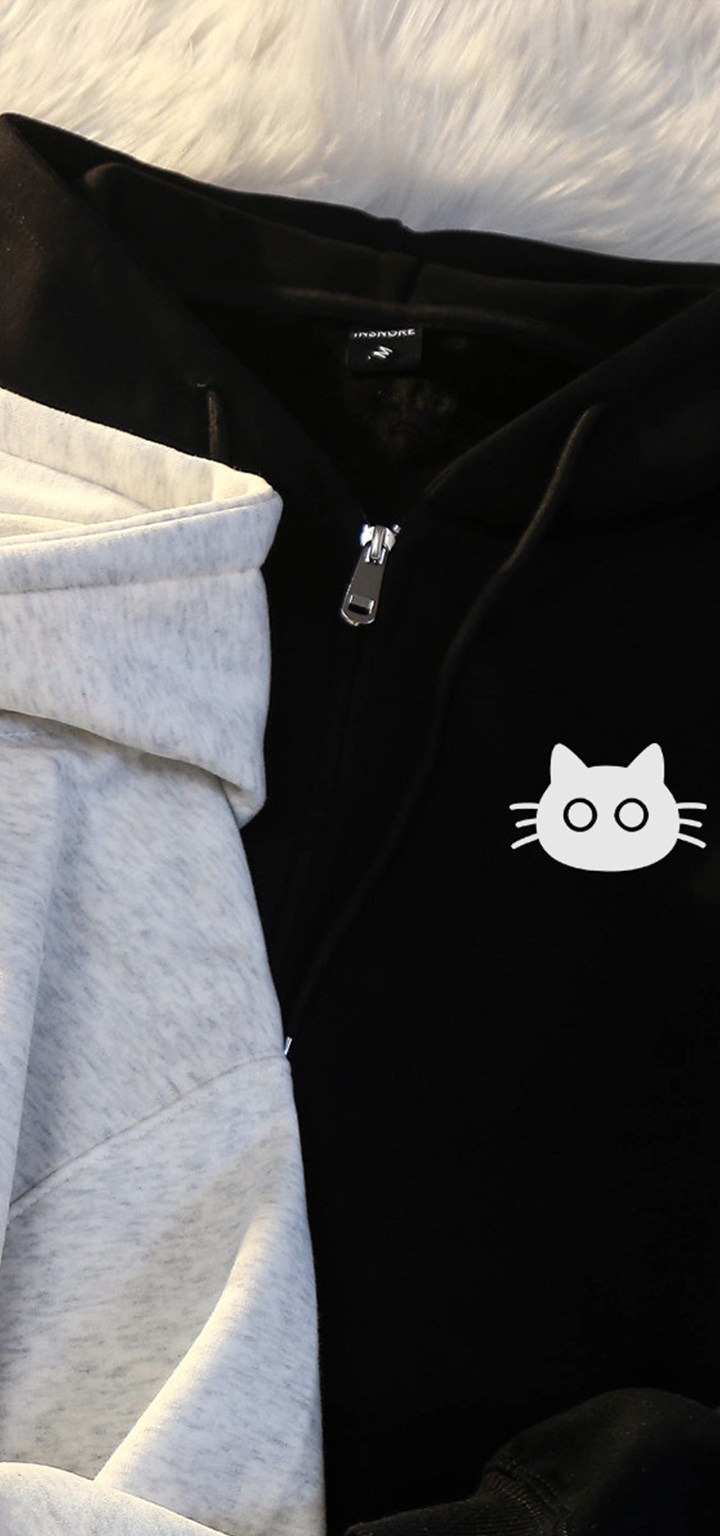 【2点セット】カップルペアルック 仲良しキャット ジップアップパーカー
