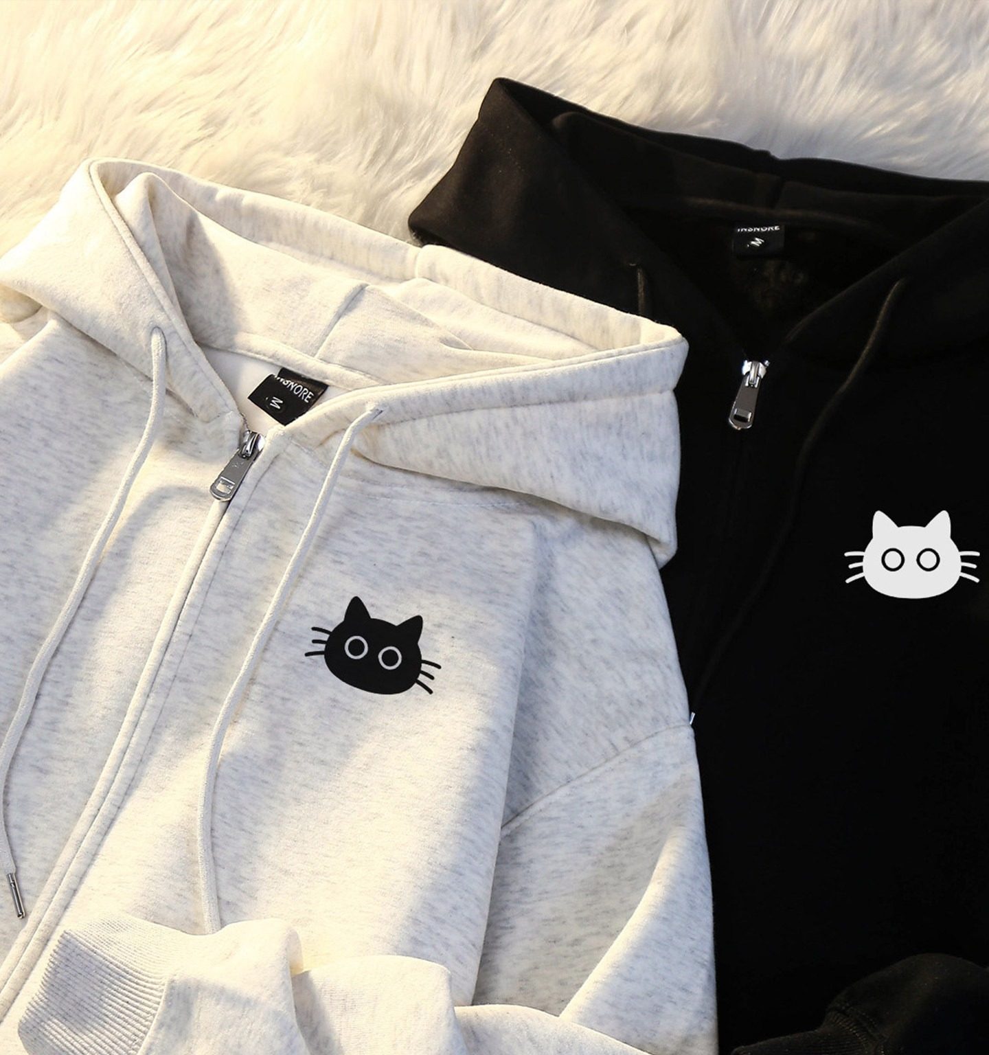 【2点セット】カップルペアルック 仲良しキャット ジップアップパーカー