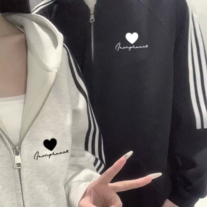 【2点セット】カップルペアルック ハート＆トリプルライン ジップアップパーカー