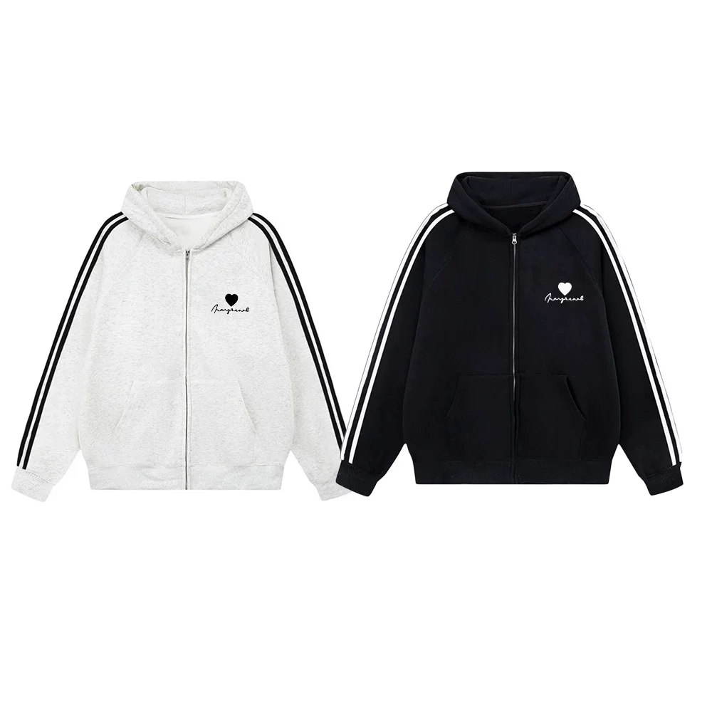 【2点セット】カップルペアルック ハート＆トリプルライン ジップアップパーカー