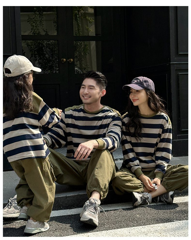 親子ペアルック アースカラーボーダー 長袖Tシャツ