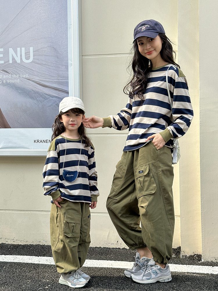 親子ペアルック アースカラーボーダー 長袖Tシャツ