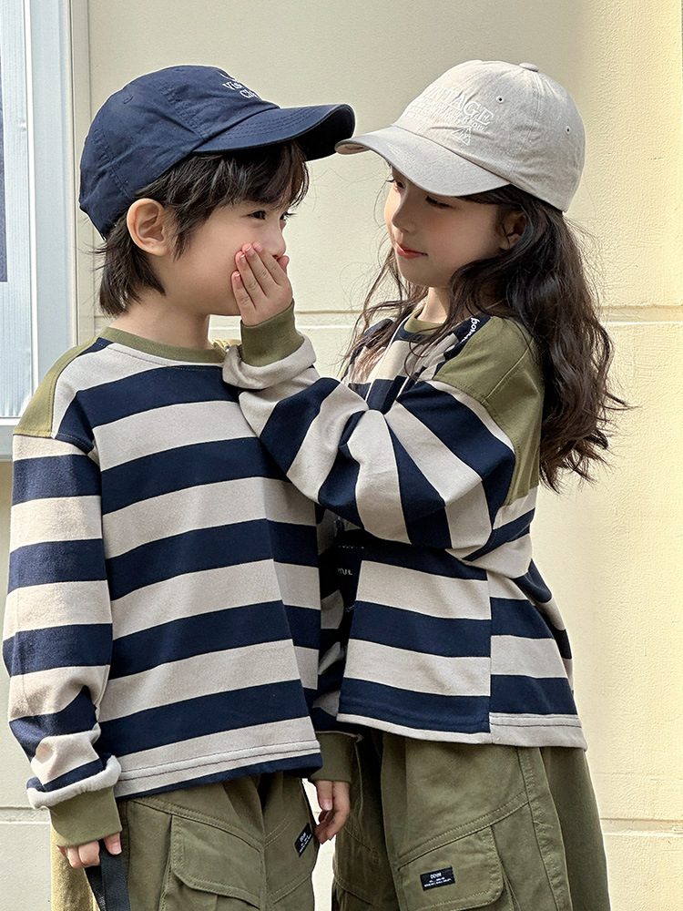 親子ペアルック アースカラーボーダー 長袖Tシャツ