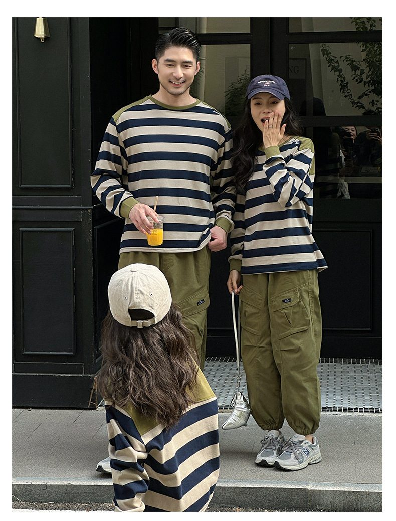親子ペアルック アースカラーボーダー 長袖Tシャツ