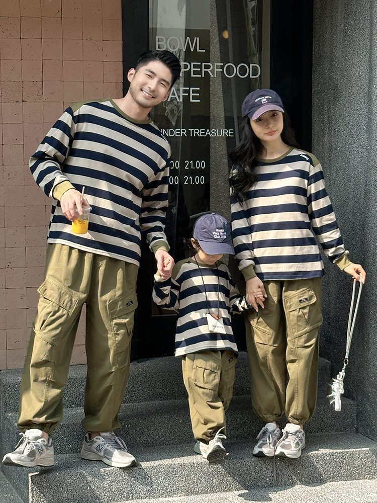 親子ペアルック アースカラーボーダー 長袖Tシャツ