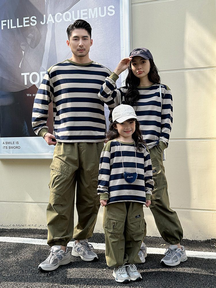 親子ペアルック アースカラーボーダー 長袖Tシャツ