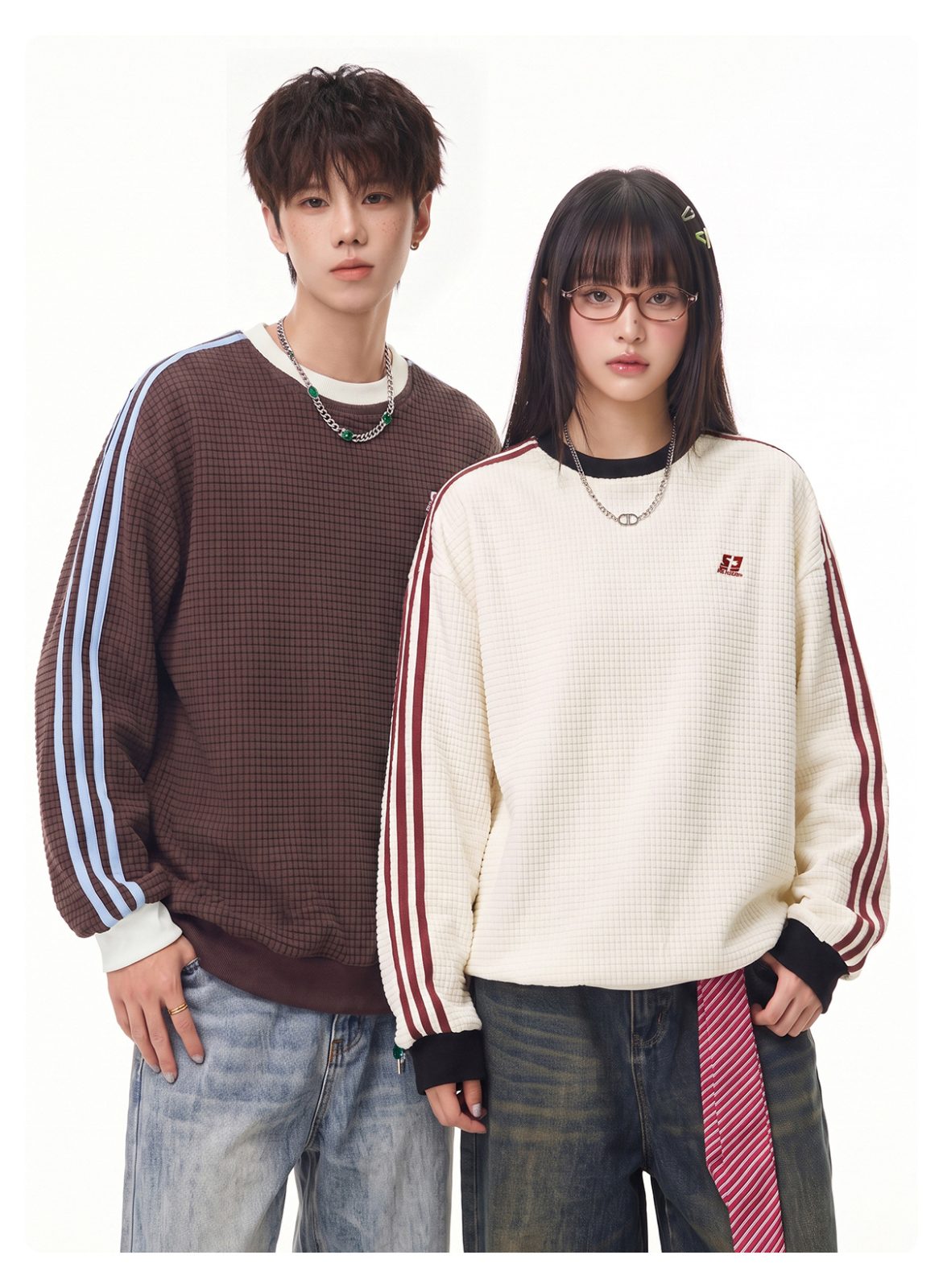 カップルペアルック サイドライン ワッフル調ロングTシャツ