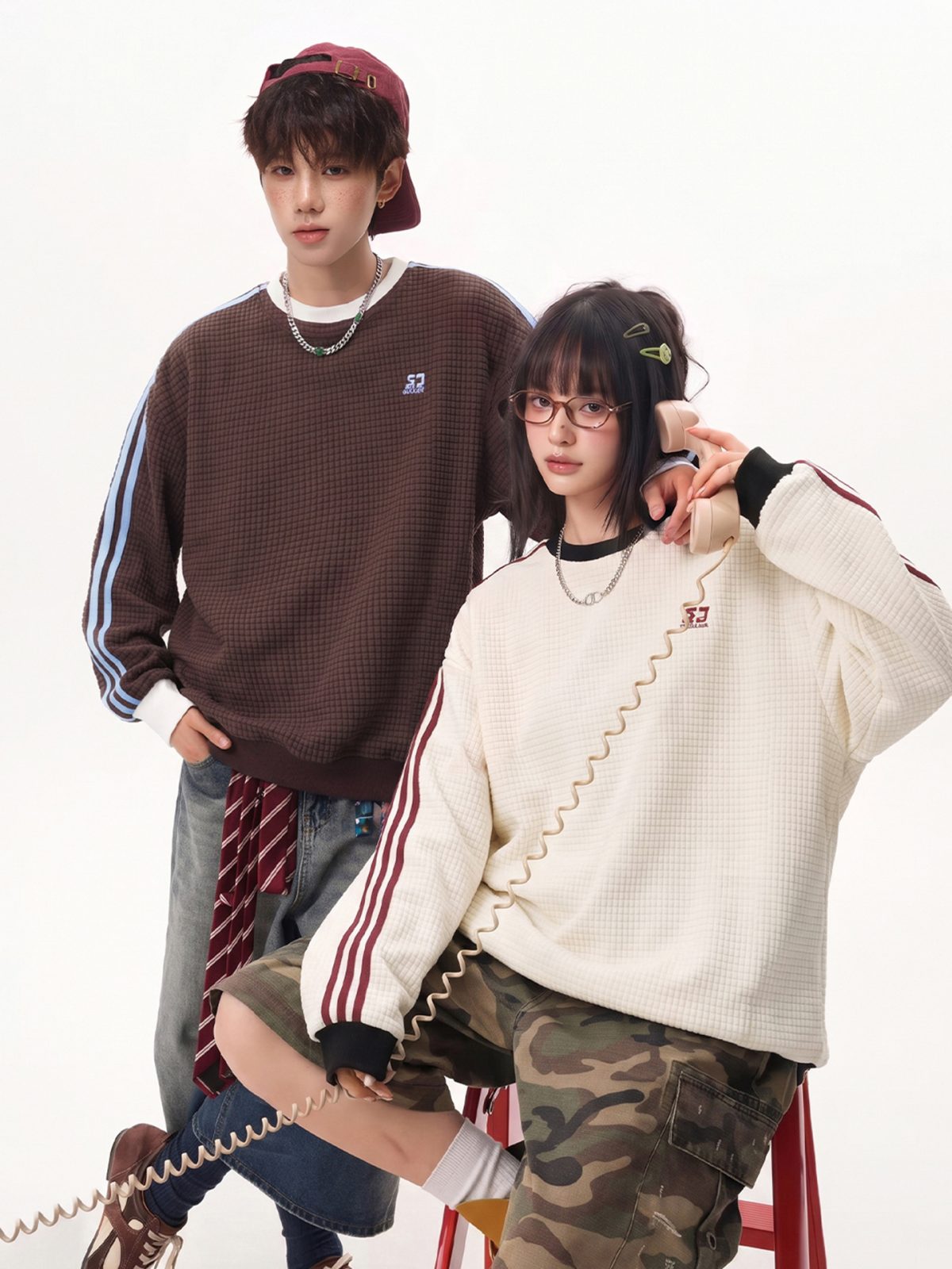 カップルペアルック サイドライン ワッフル調ロングTシャツ