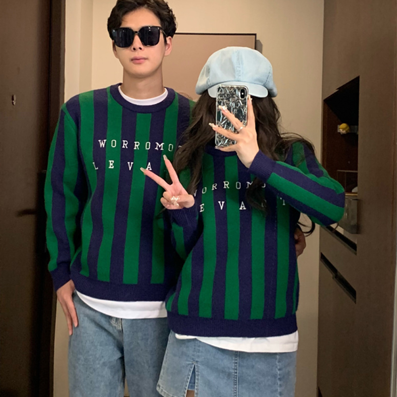 親子ペアルック グリーン×ネイビー ストライプ柄ニット・セーター