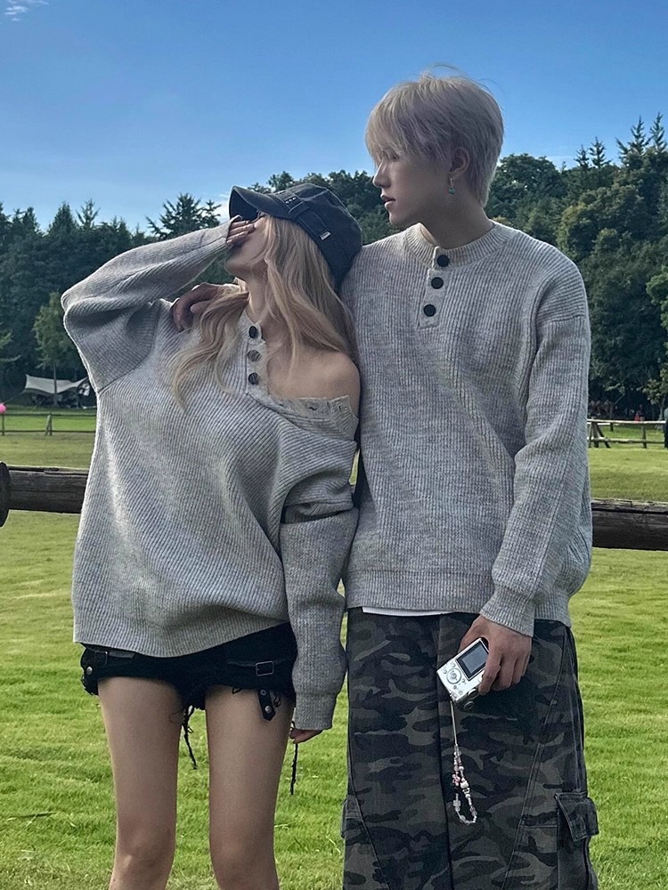 カップルペアルック シンプル＆リラクシー ヘンリーネックニット
