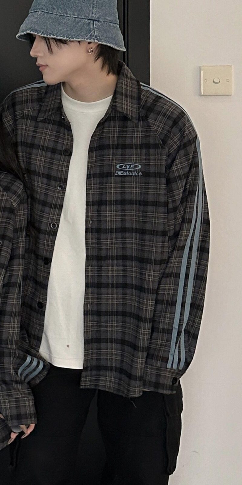 カップルペアルック サイドライン チェック柄シャツ