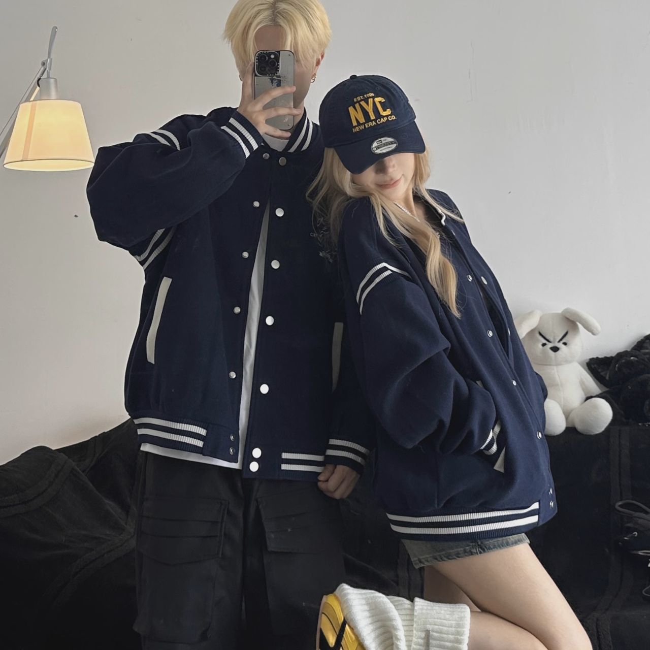 カップルペアルック ネイビー カジュアルジャケット エンブレム風デザイン ユニセックス