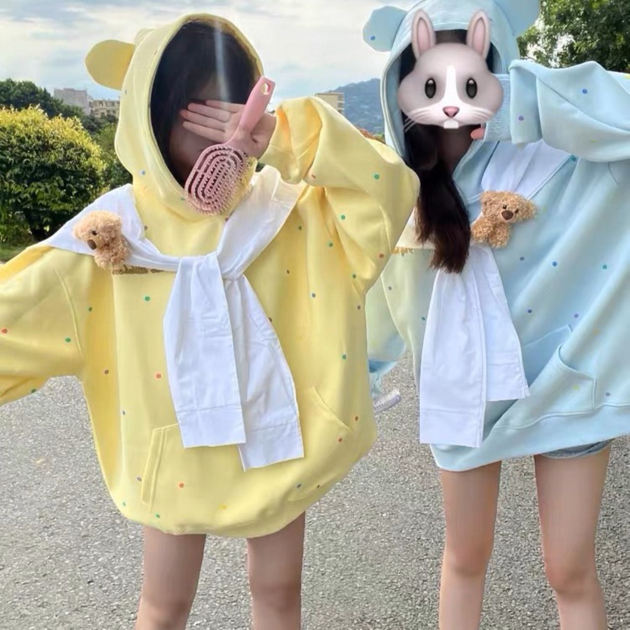 双子コーデ ドット柄 ミニベア付きパーカー ゆったりシルエット
