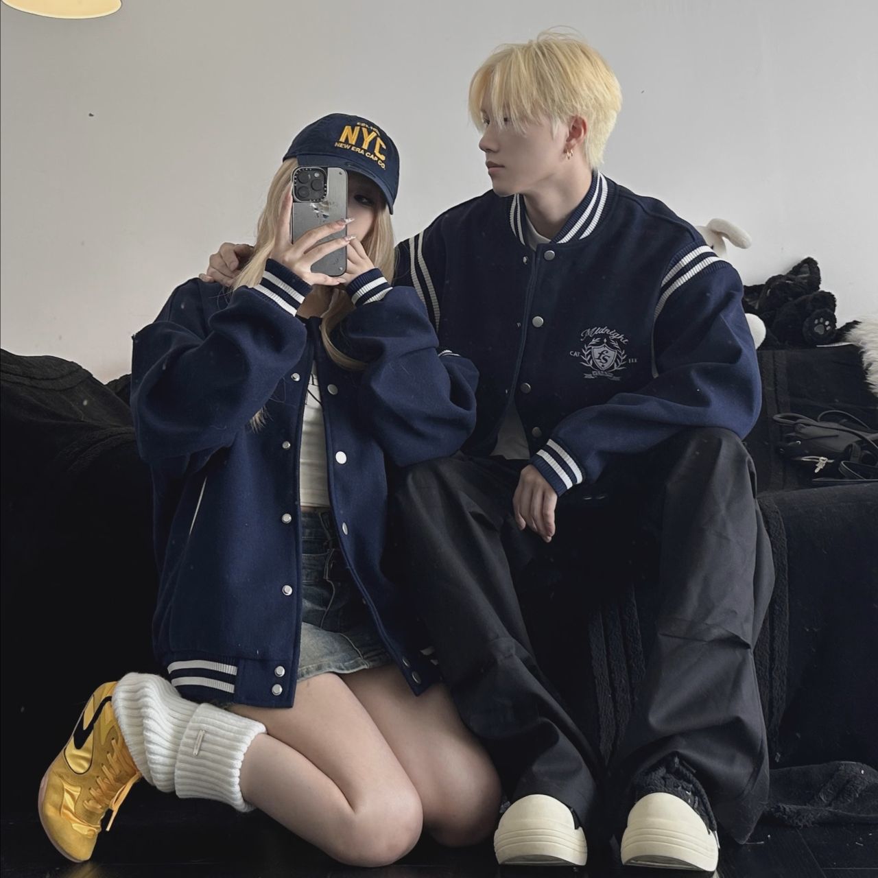 カップルペアルック ネイビー カジュアルジャケット エンブレム風デザイン ユニセックス