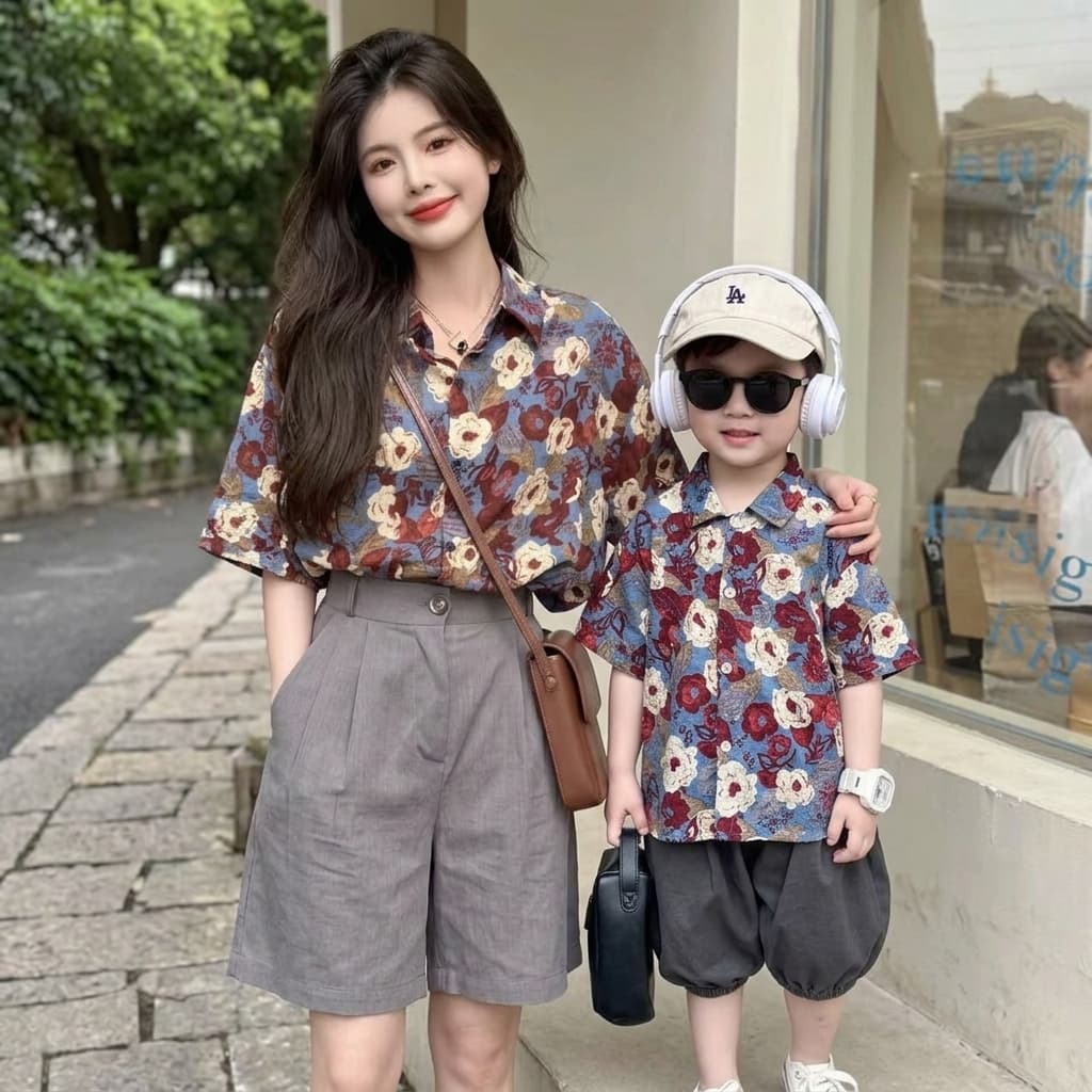 親子ペアルック レトロな花柄 おしゃれ ファミリーシャツ