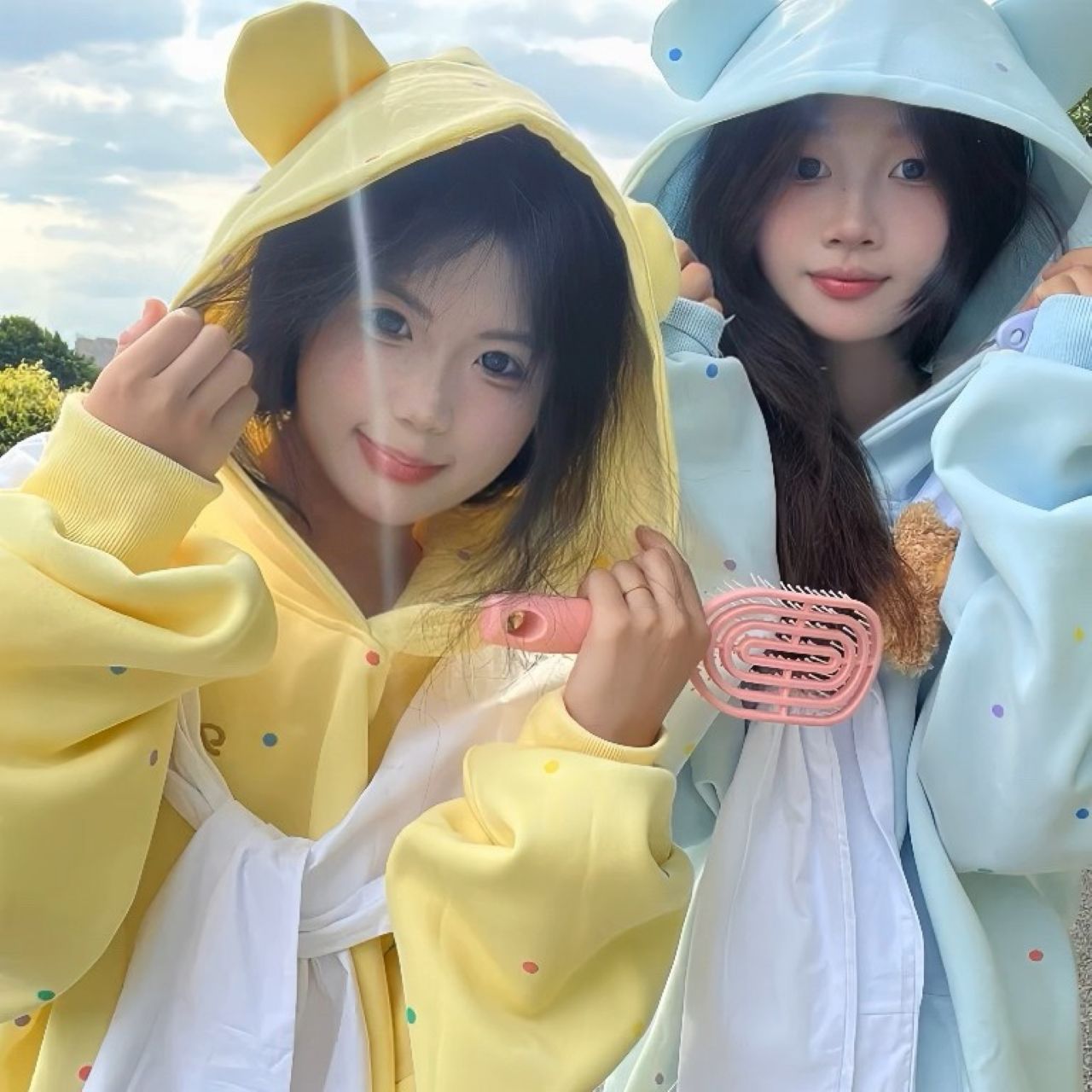 双子コーデ ドット柄 ミニベア付きパーカー ゆったりシルエット