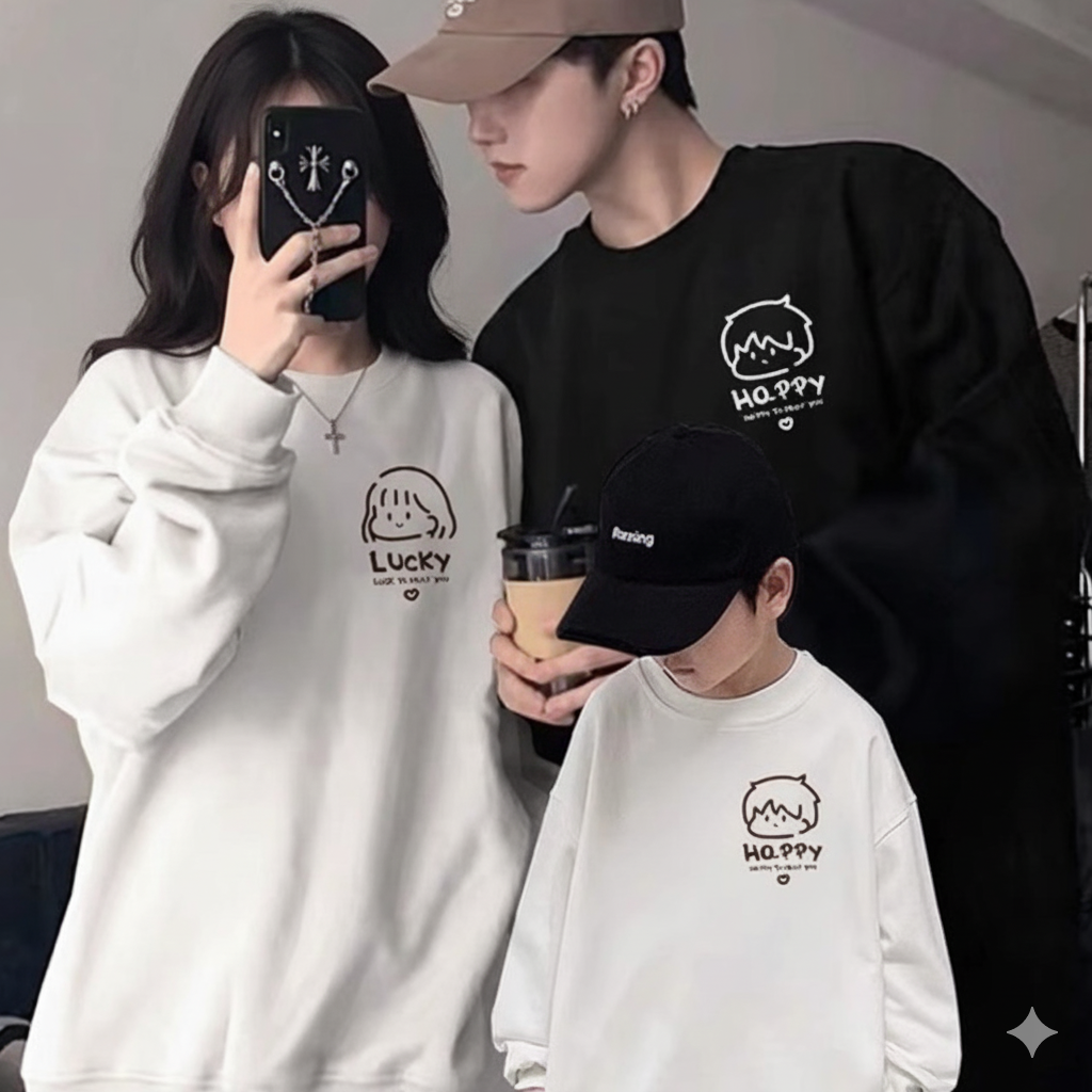 親子ペアルック HAPPY & LUCKY 似顔絵ロゴトレーナー