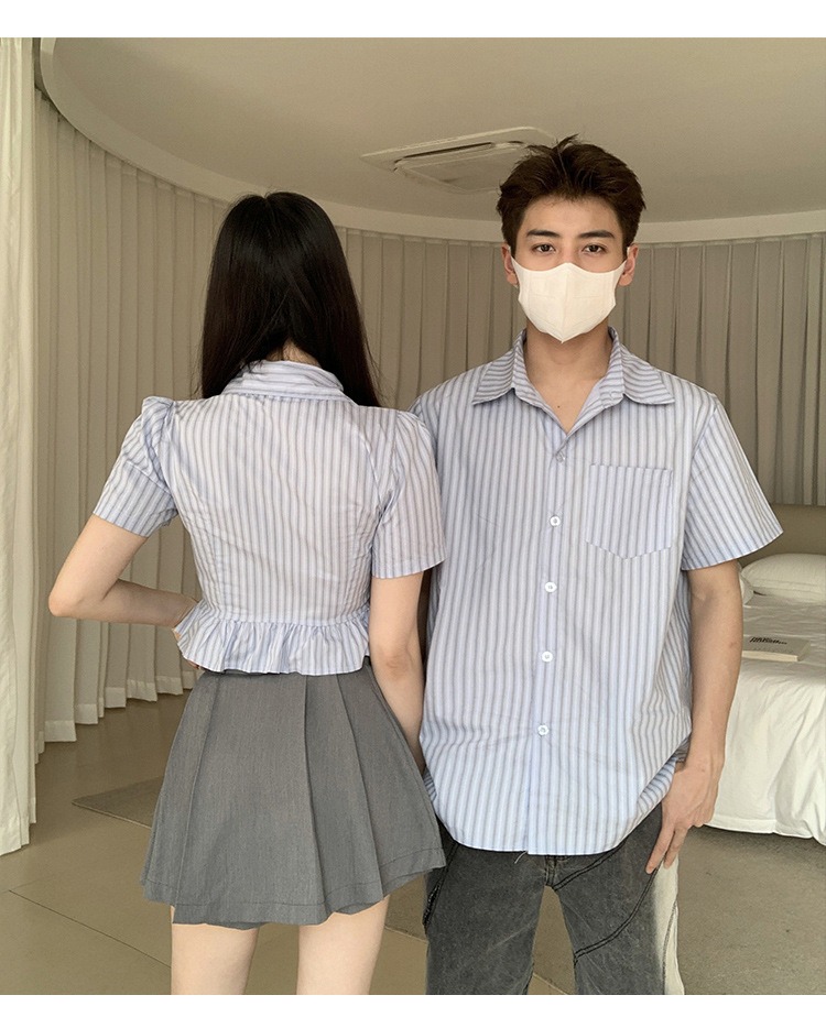 ペアルック 韓国カレッジ風ブルーストライプ半袖シャツ