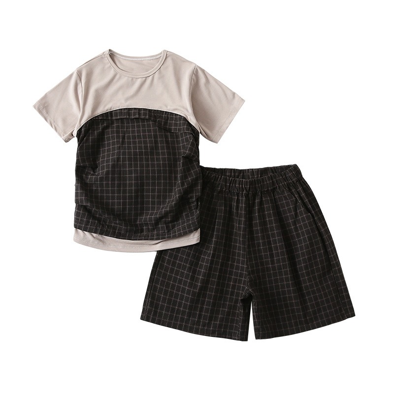 親子ペアルック ダークチェック柄 ファミリーセットアップ（半袖シャツ＆フェイクレイヤード）