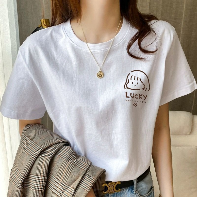 【2点セット】カップルペアルック LUCKY & HAPPY ゆるかわTシャツ