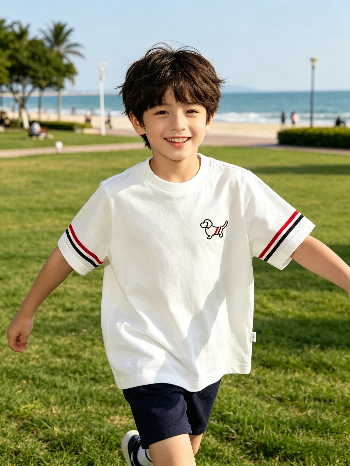 親子ペアルック フレンチカジュアル風 トリコロール＆ドッグTシャツ・ロンパース
