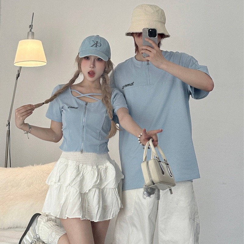 カップルペアルック ライトブルーリンク ハーフジップTシャツ