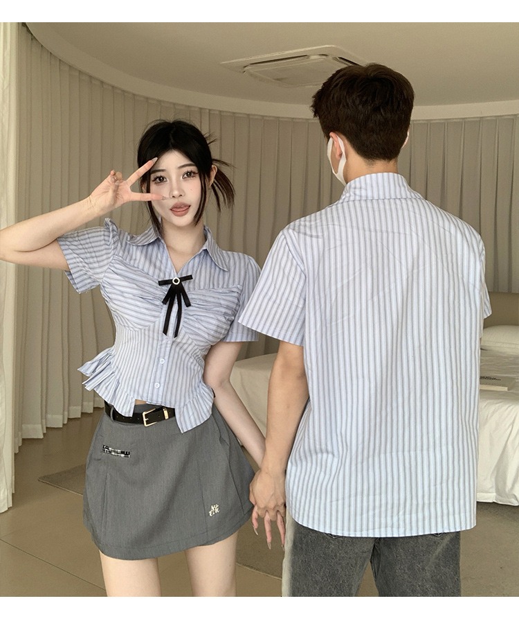 ペアルック 韓国カレッジ風ブルーストライプ半袖シャツ