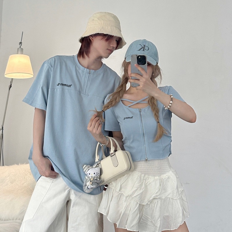 カップルペアルック ライトブルーリンク ハーフジップTシャツ